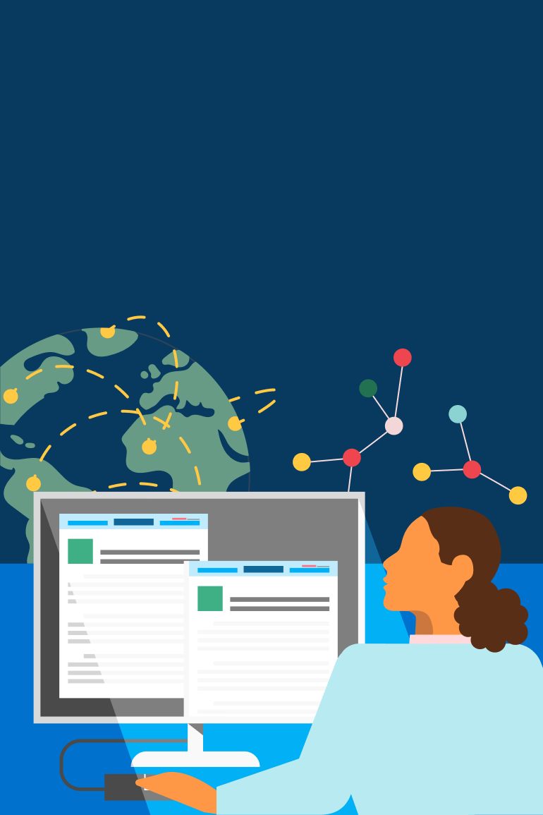 An illustration of a researcher looking at a computer screen displaying research articles, with a world map and connected nodes symbolizing global scientific collaboration.