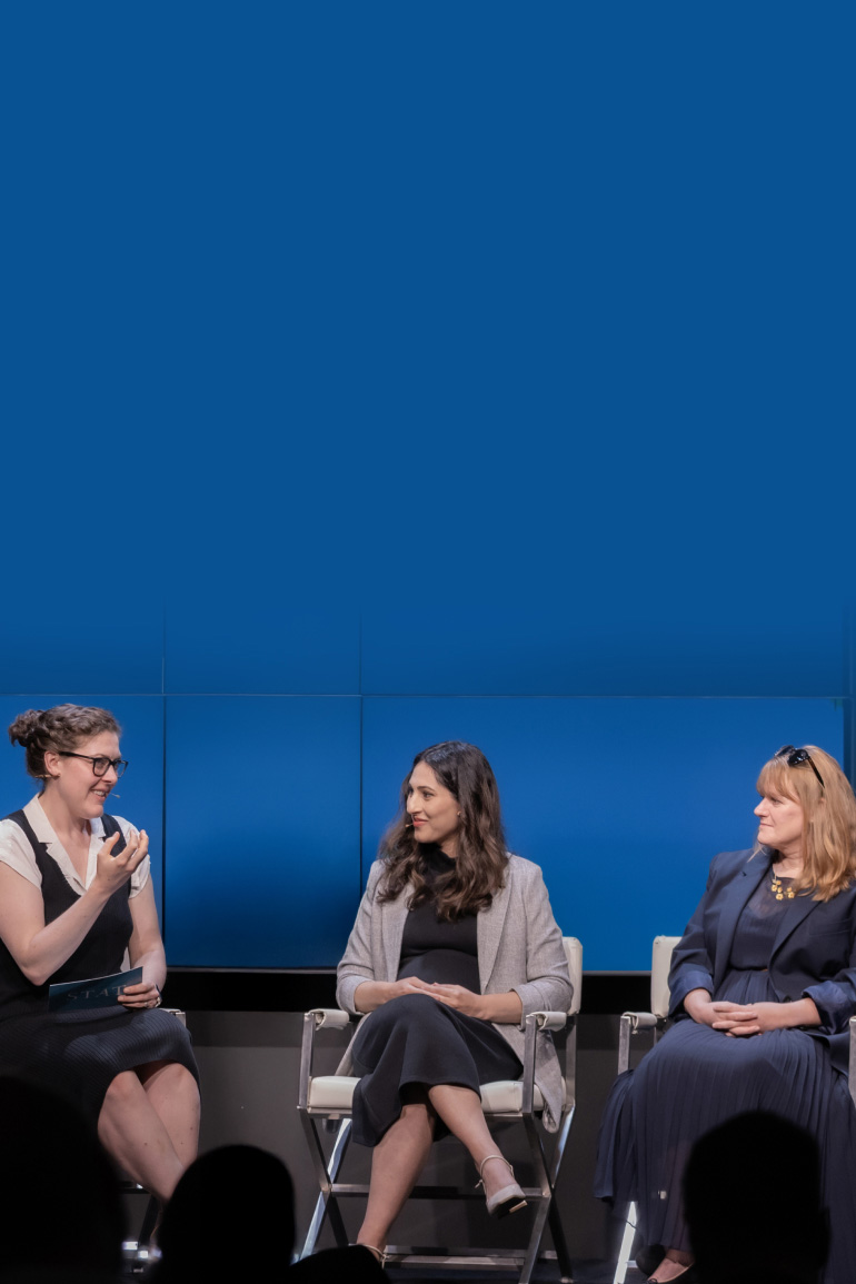 Katie Palmer, Gita Mahmoudabadi, and Patricia Brennan speak on stage at the 2025 STAT Breakthrough Summit West, seated in front of a large blue screen.