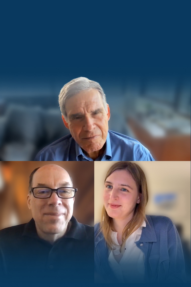 Steve Quake, Eric Topol and Charlotte Bunne talk on a Zoom call.